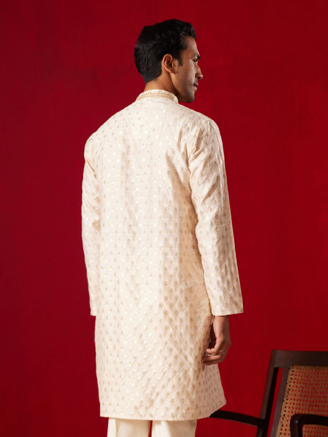 VASTRAMAY Mens Peach Silk Blend Jacquard Kurta - qivii