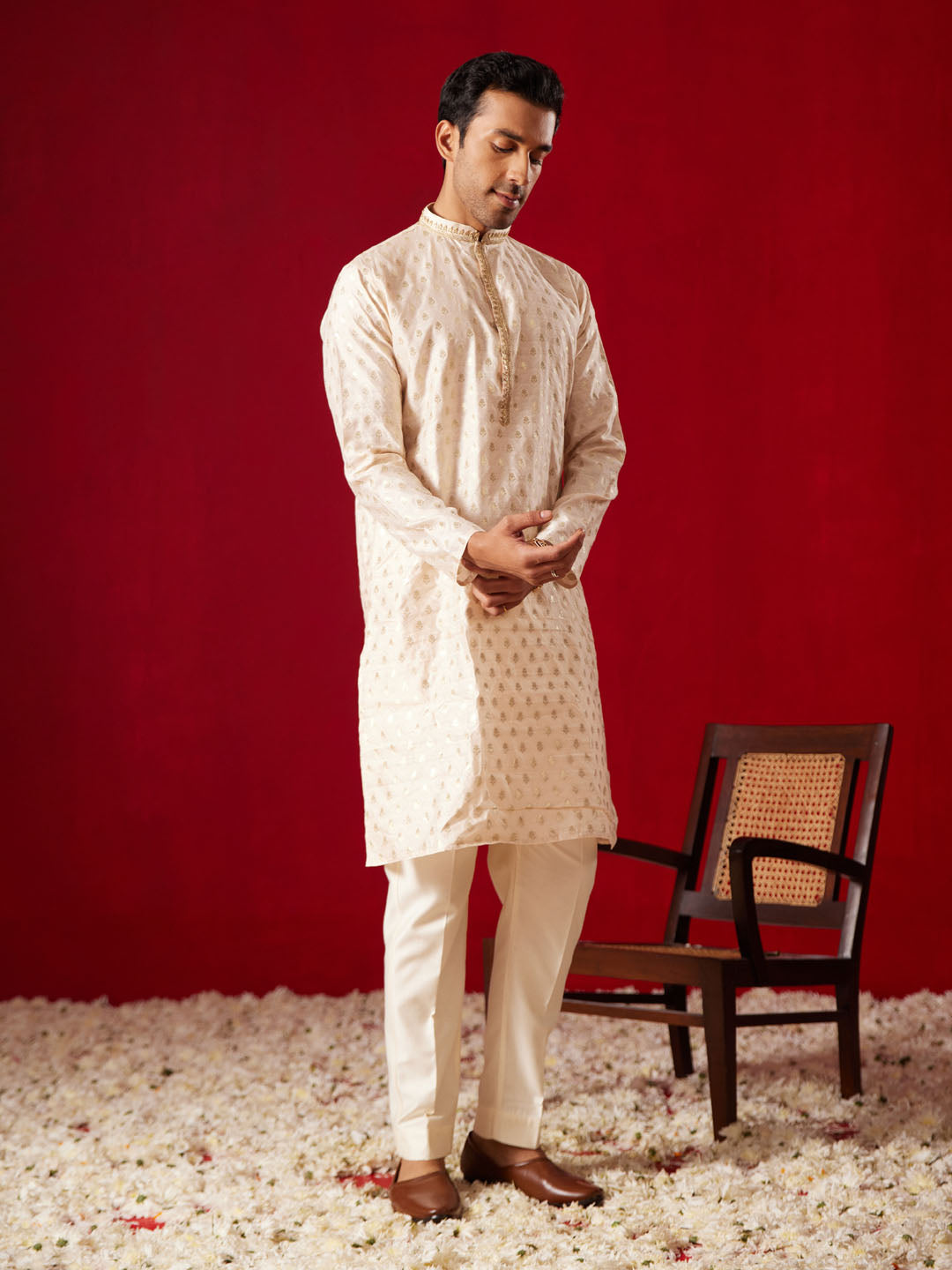 VASTRAMAY Mens Peach Silk Blend Jacquard Kurta