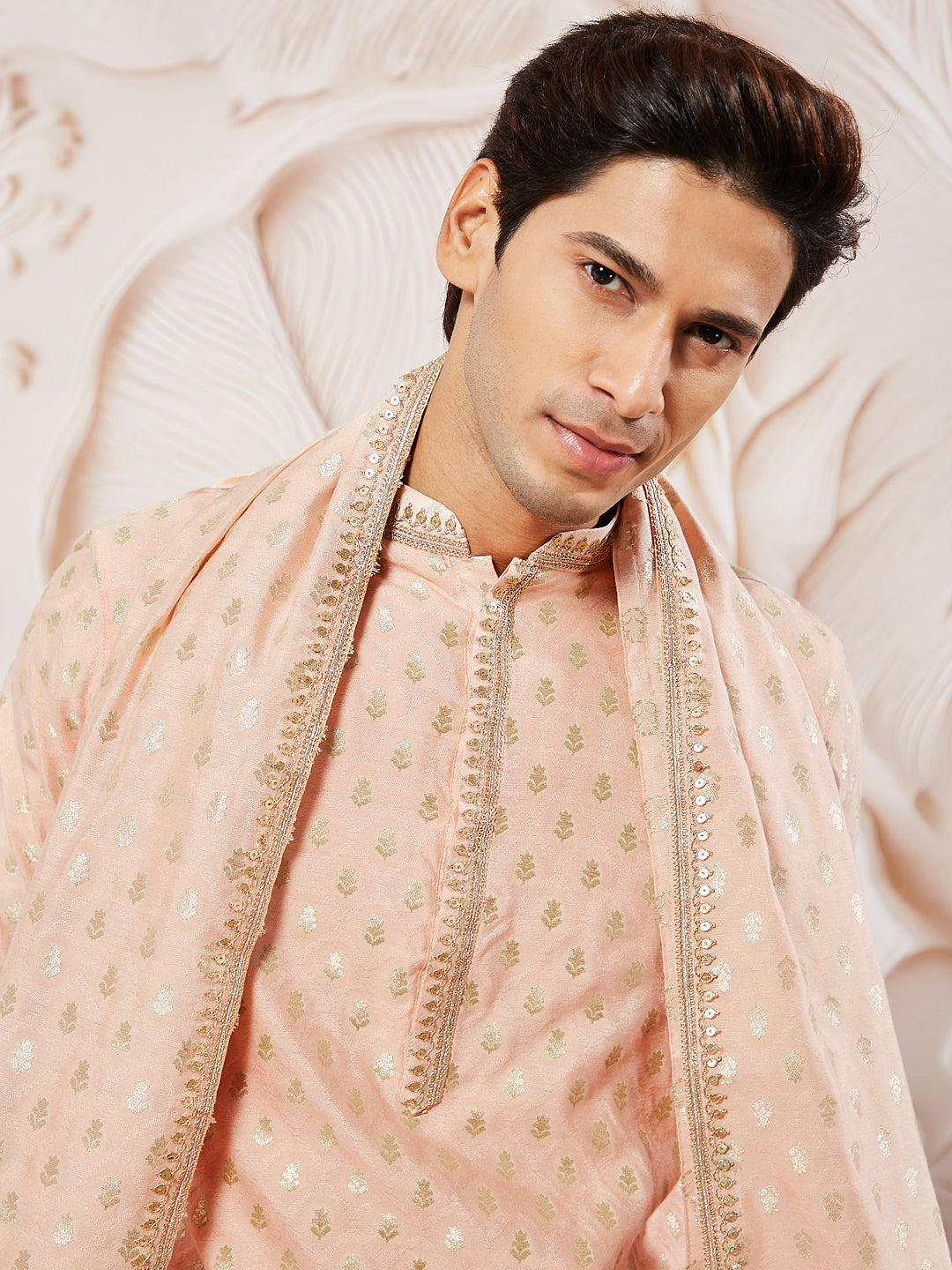 Men's Peach Jacquard Silk Kurta with Dupatta Set