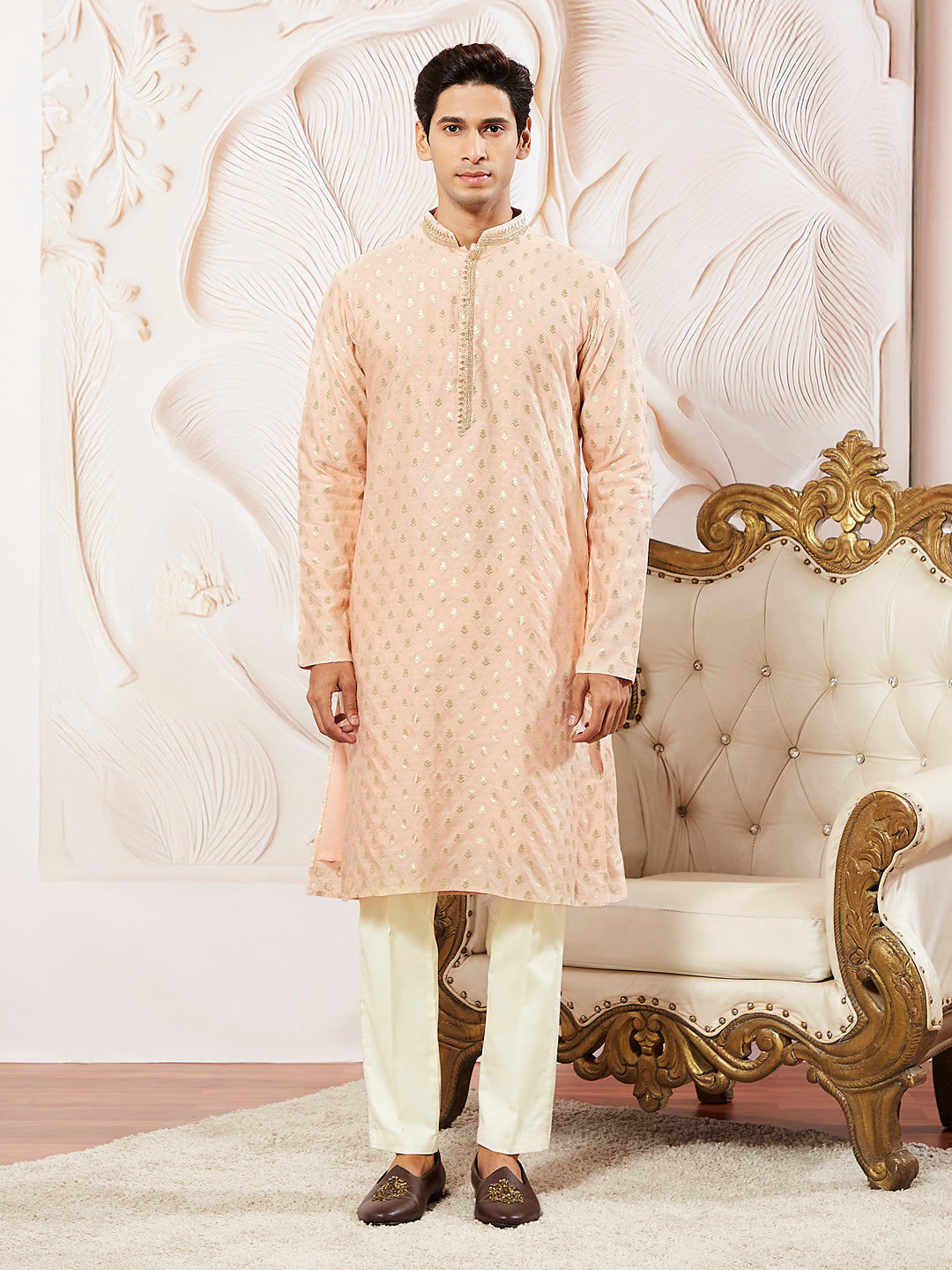 Men's Peach Silk Blend Kurta Pyjama Set