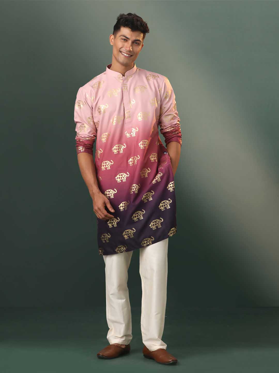 Men's Ombre Elephant Motif Print Cotton Blend Kurta Pyjama Set