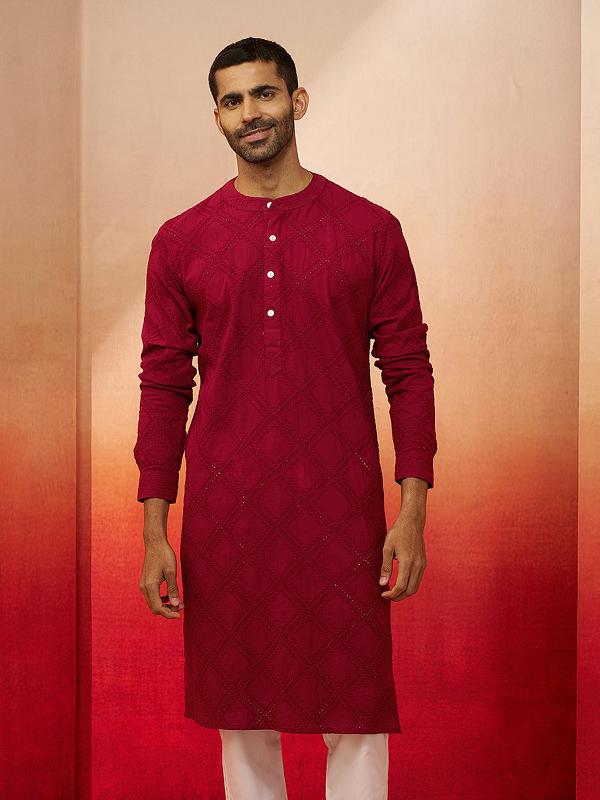 Vastramay Men Red Cotton Band Collar Kurta