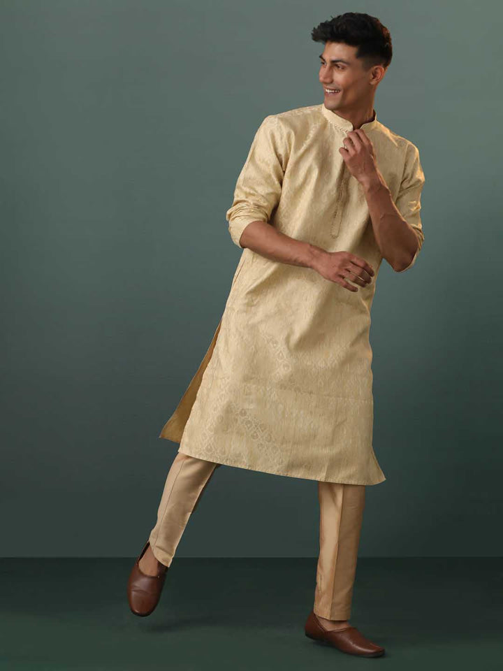 VASTRAMAY Me's Gold Silk Blend Jacquard Kurta Pant Set