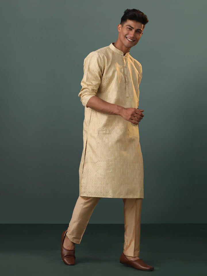 VASTRAMAY Me's Gold Silk Blend Jacquard Kurta Pant Set