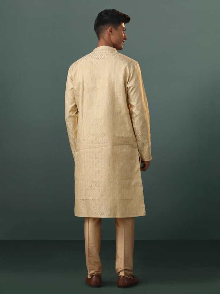 VASTRAMAY Me's Gold Silk Blend Jacquard Kurta Pant Set