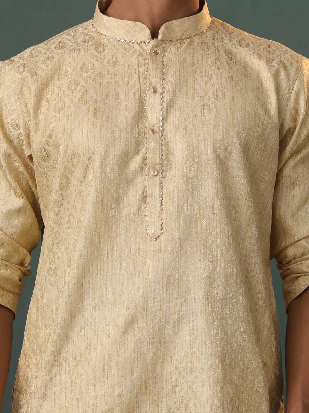 VASTRAMAY Me's Gold Silk Blend Jacquard Kurta Pant Set