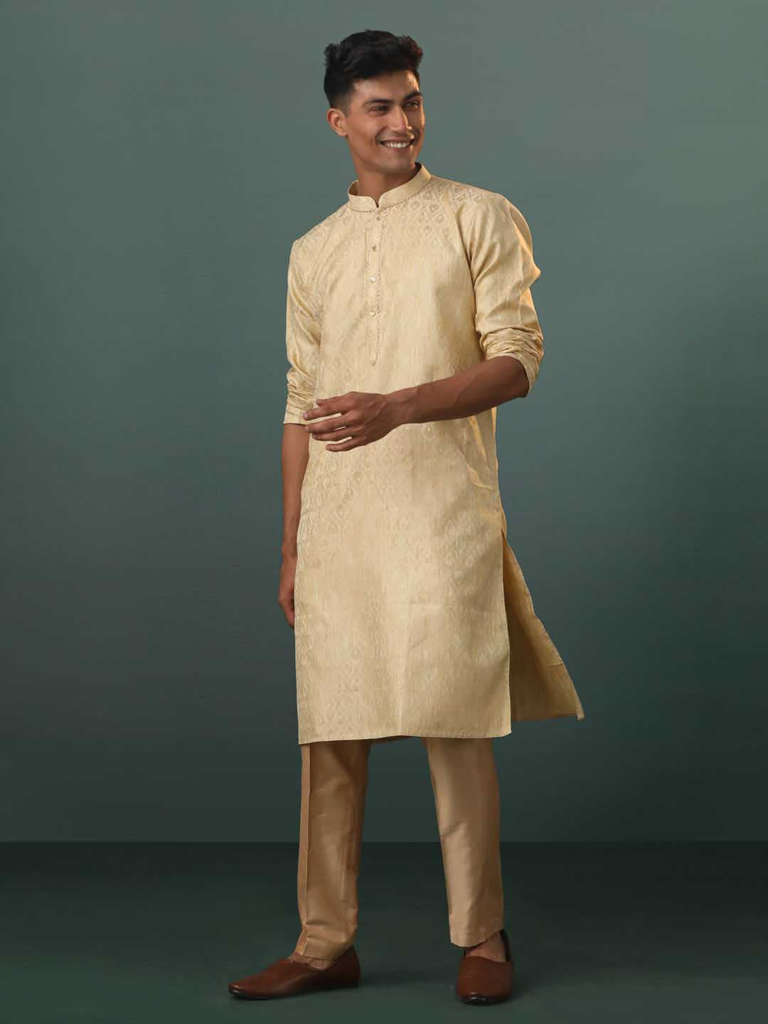 VASTRAMAY Me's Gold Silk Blend Jacquard Kurta Pant Set