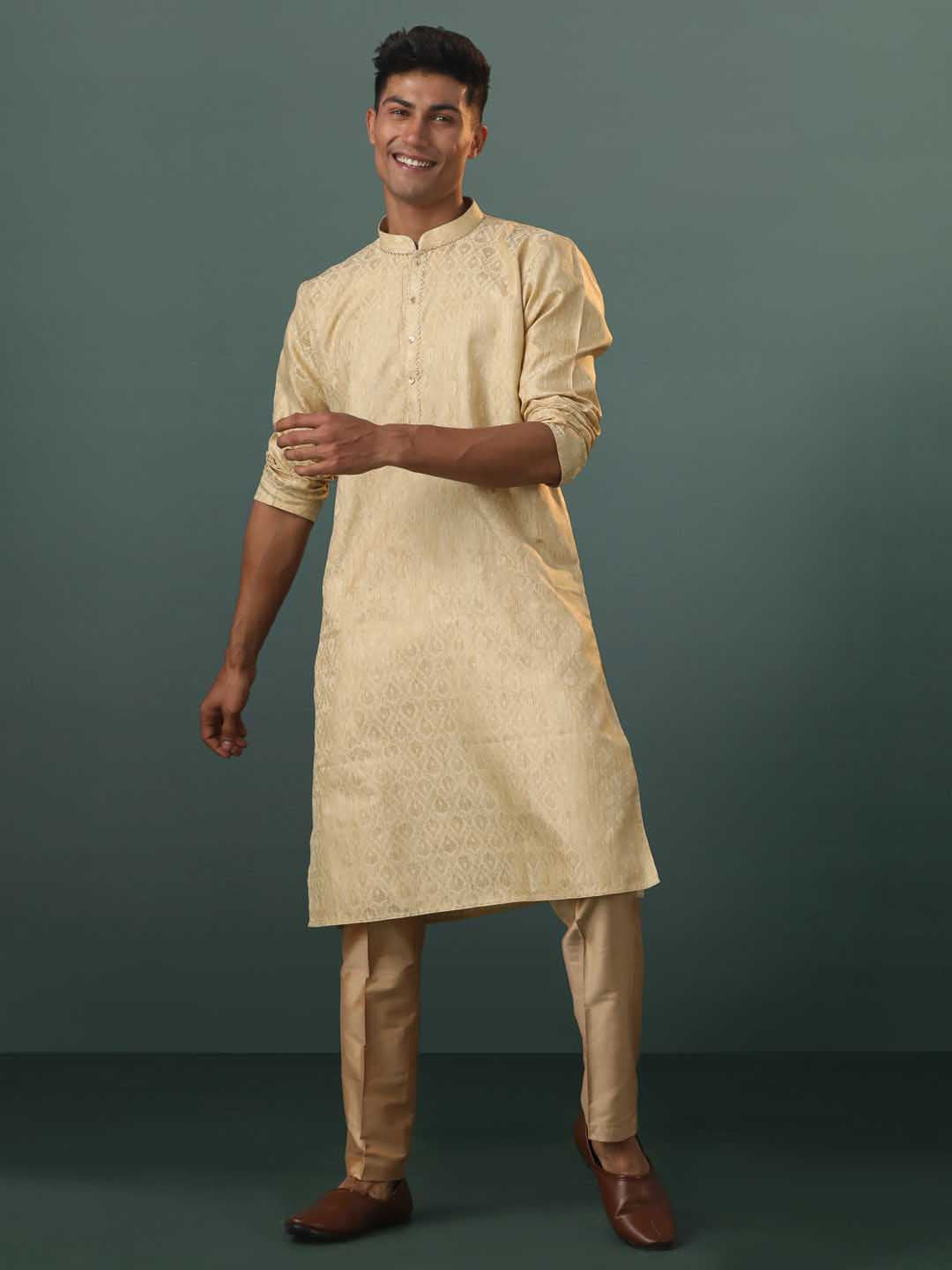 VASTRAMAY Me's Gold Silk Blend Jacquard Kurta Pant Set