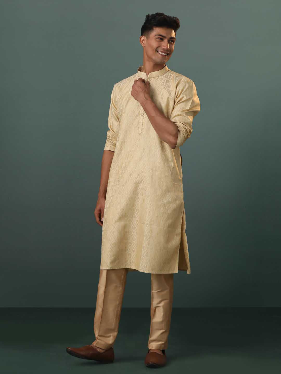 VASTRAMAY Me's Gold Silk Blend Jacquard Kurta Pant Set