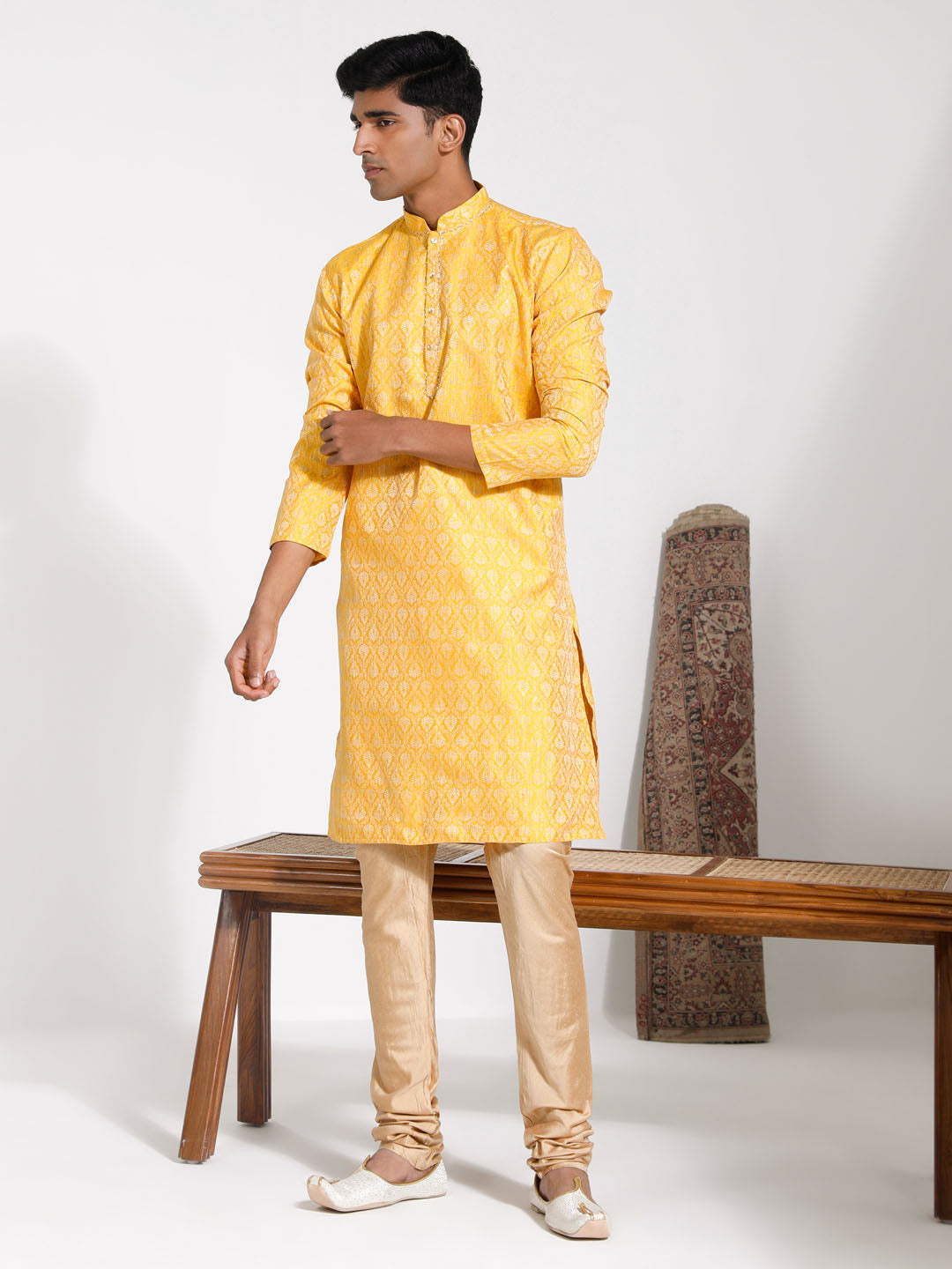 VASTRAMAY Men's Yellow Silk Blend Kurta And Pyjama Set