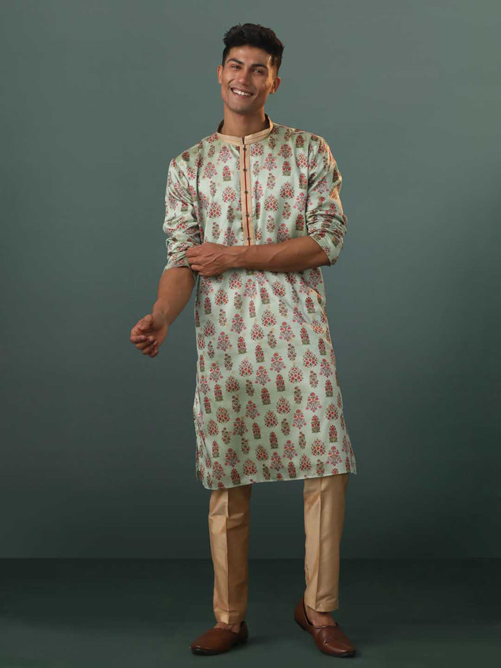 VASTRAMAY Me's Aqua Silk Blend Floral Printed Kurta With Pant Set