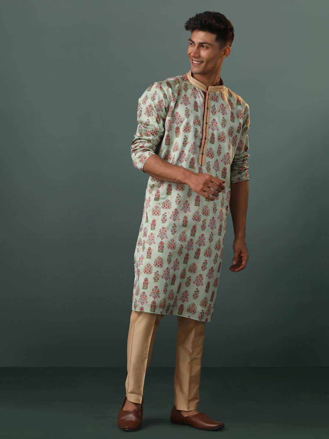 VASTRAMAY Me's Aqua Silk Blend Floral Printed Kurta With Pant Set