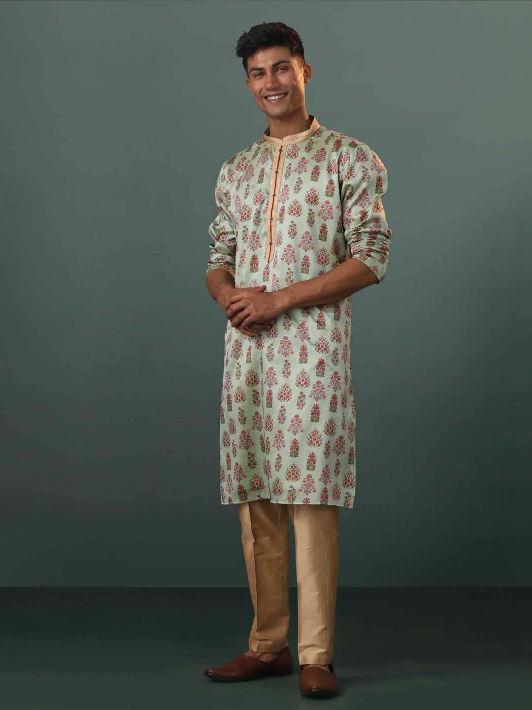 VASTRAMAY Me's Aqua Silk Blend Floral Printed Kurta With Pant Set