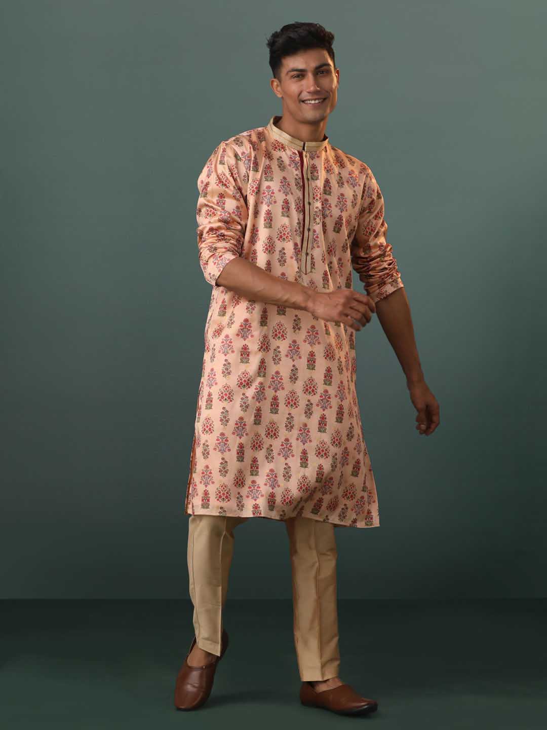 VASTRAMAY Me's Peach Silk Blend Floral Printed Kurta With Pant Set