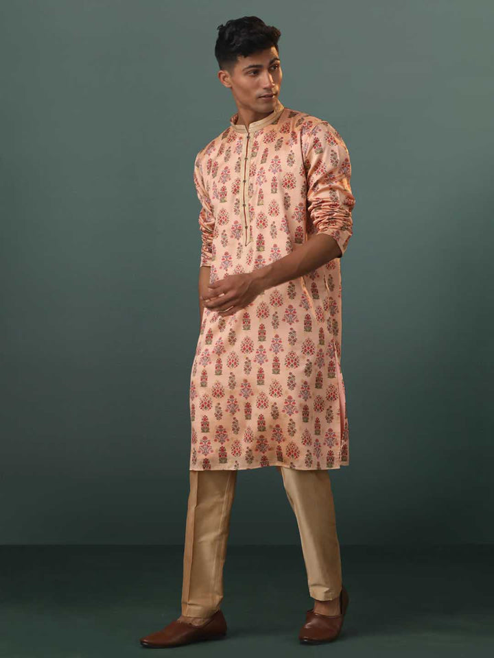 VASTRAMAY Me's Peach Silk Blend Floral Printed Kurta With Pant Set