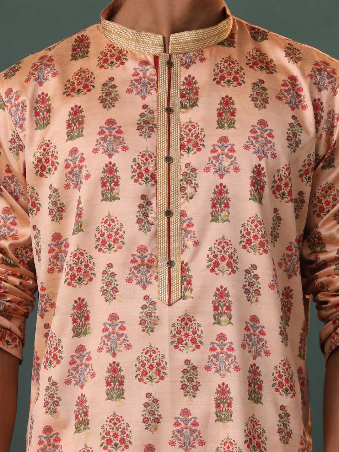 VASTRAMAY Me's Peach Silk Blend Floral Printed Kurta With Pant Set