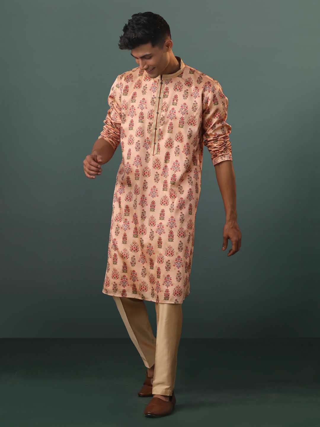 VASTRAMAY Me's Peach Silk Blend Floral Printed Kurta With Pant Set