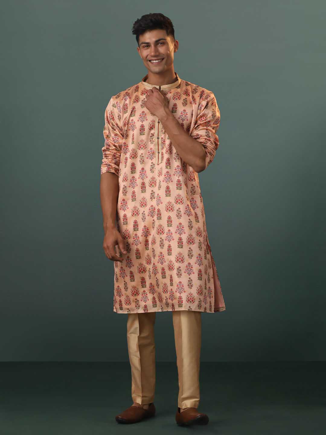 VASTRAMAY Me's Peach Silk Blend Floral Printed Kurta With Pant Set