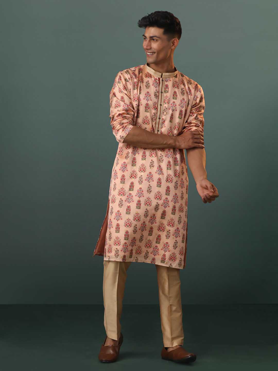 VASTRAMAY Me's Peach Silk Blend Floral Printed Kurta With Pant Set