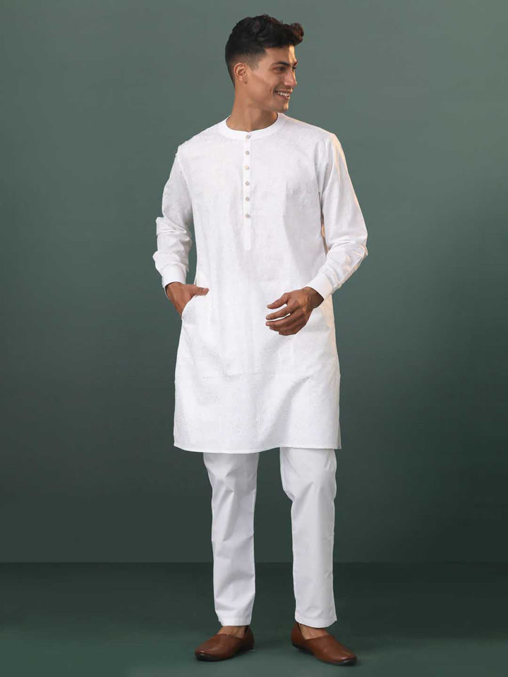 VASTRAMAY Mens White Cotton Embellished Kurta Pyjama Set