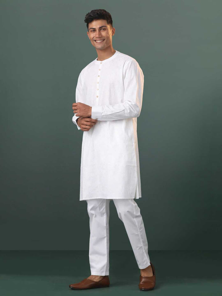 VASTRAMAY Mens White Cotton Embellished Kurta Pyjama Set