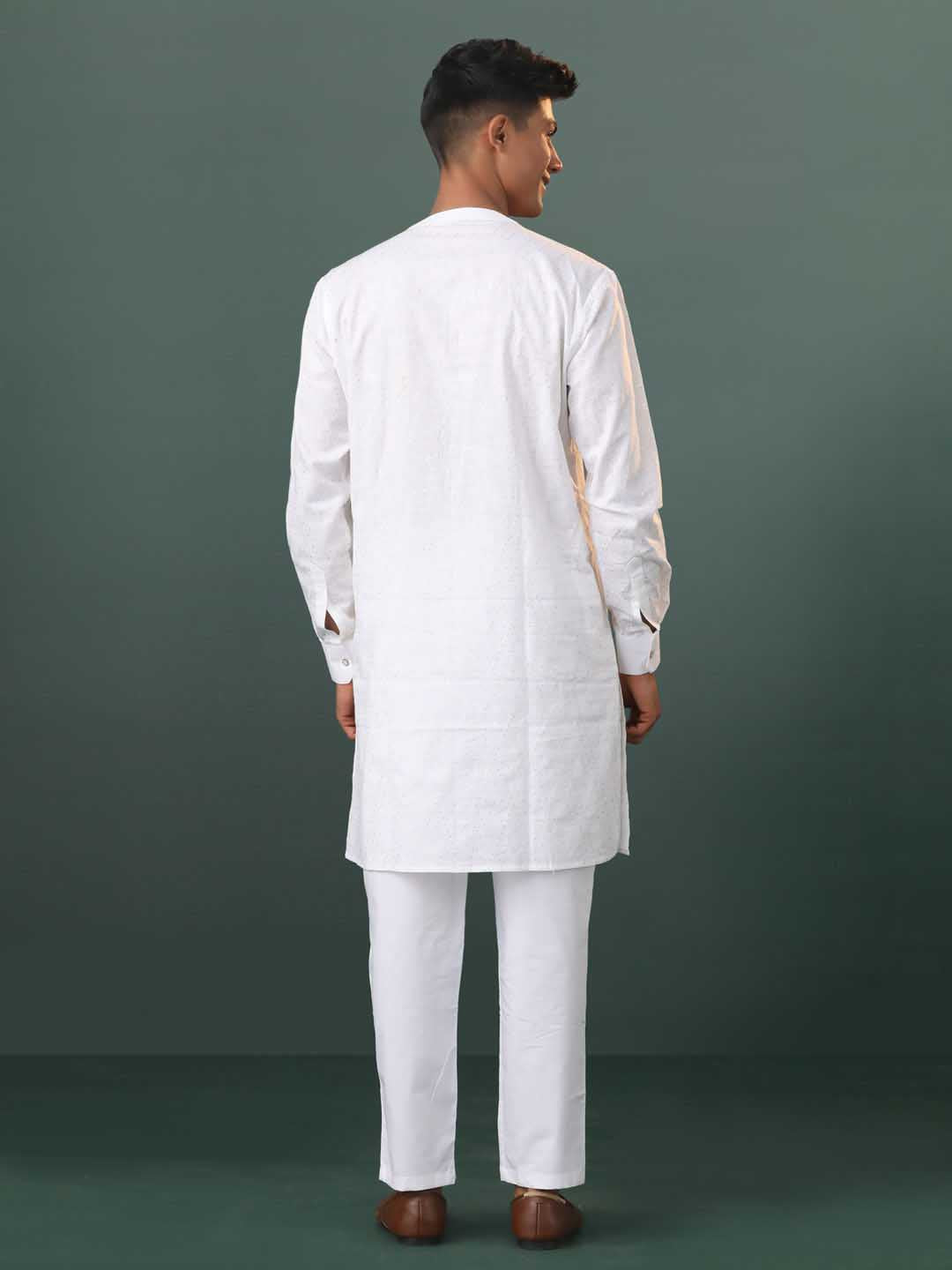 VASTRAMAY Mens White Cotton Embellished Kurta Pyjama Set