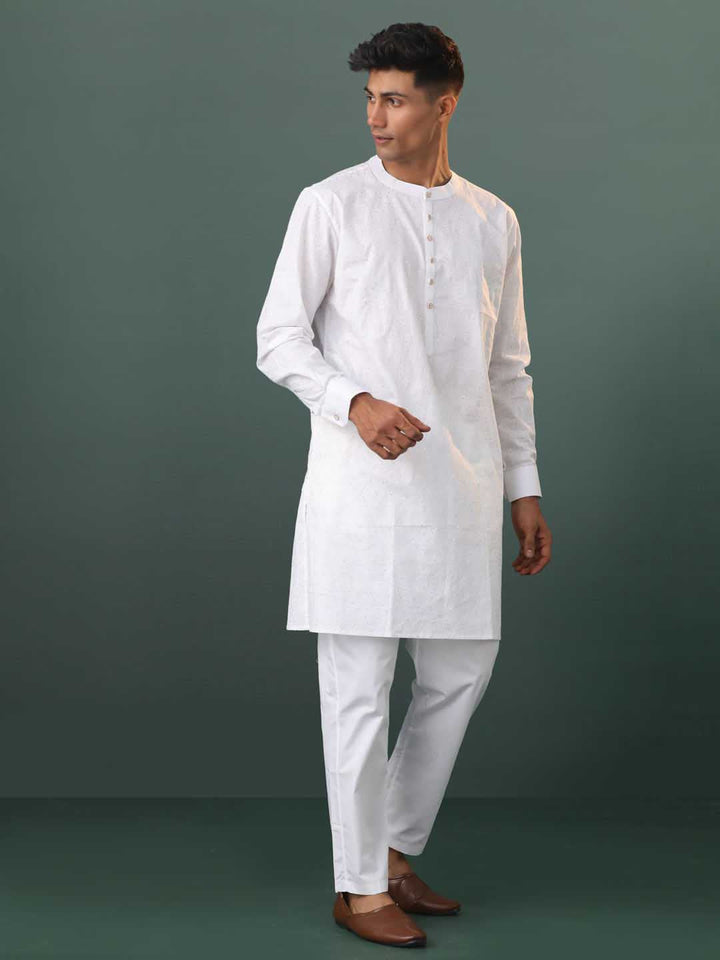 VASTRAMAY Mens White Cotton Embellished Kurta Pyjama Set