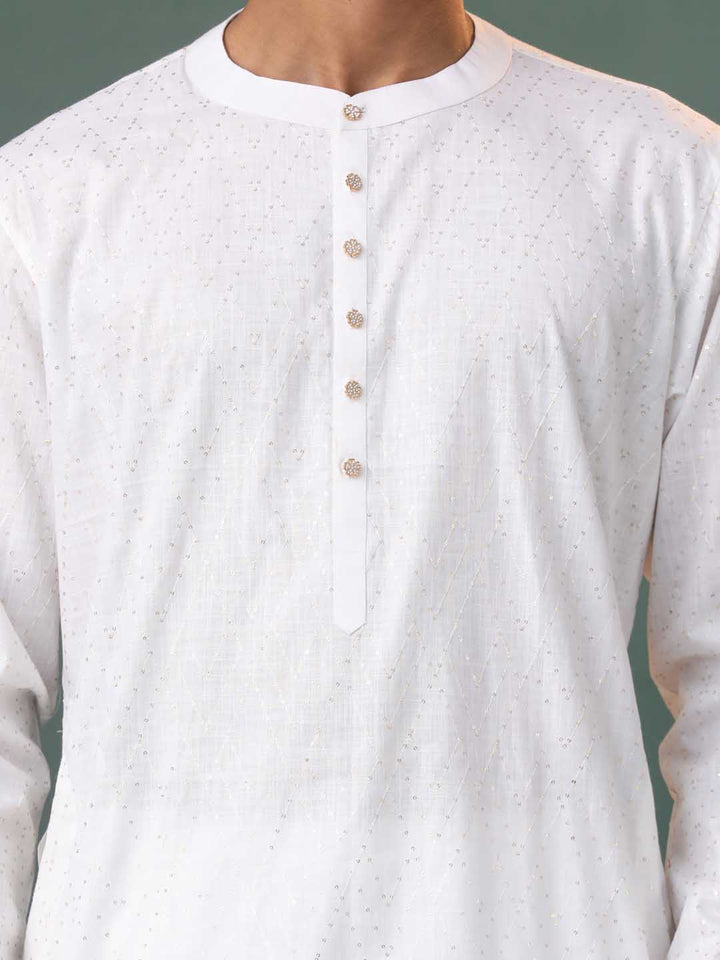 VASTRAMAY Mens Cream Cotton Embellished Kurta Pyjama Set