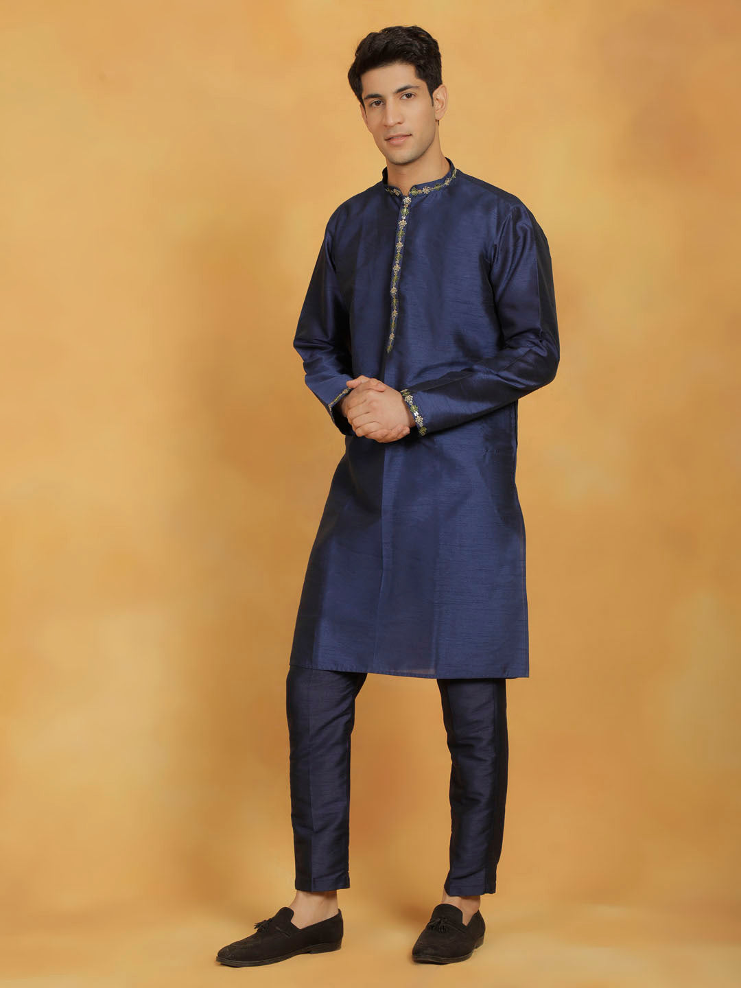 VASTRAMAY Men's Navy Blue Dupion Silk Kurta Pyjama Set