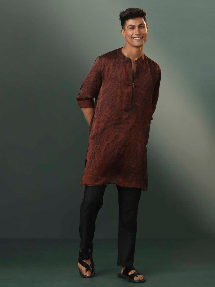 VASTRAMAY Men's Brown And Black Printed Cotton Blend Kurta Pyjama Set