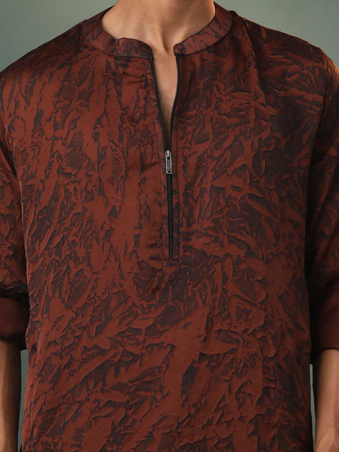 VASTRAMAY Men's Brown And Black Printed Cotton Blend Kurta Pyjama Set