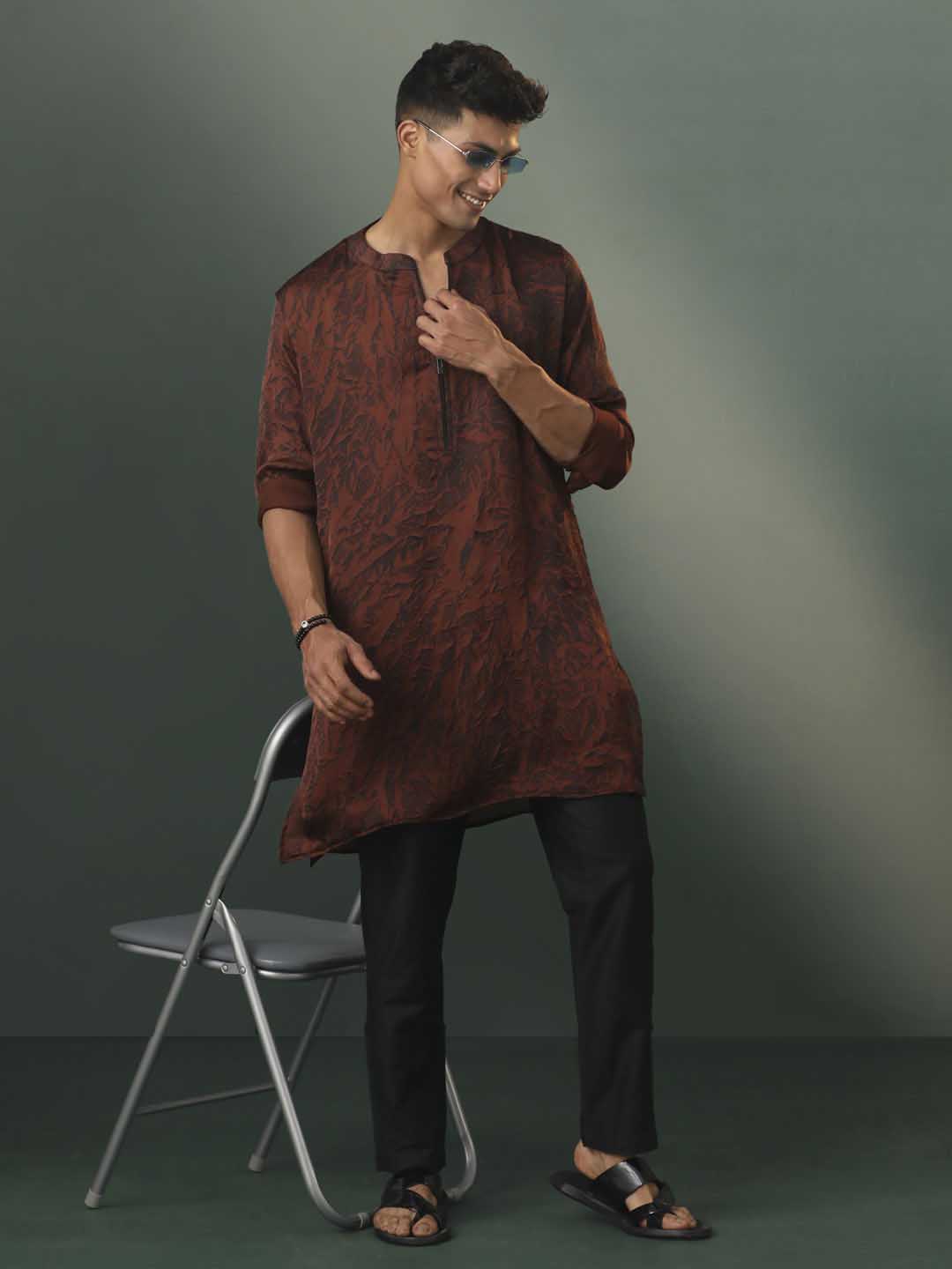 VASTRAMAY Men's Brown And Black Printed Cotton Blend Kurta Pyjama Set