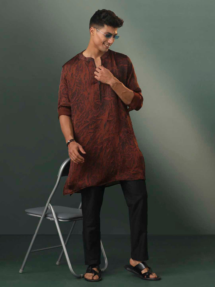 VASTRAMAY Men's Brown And Black Printed Cotton Blend Kurta Pyjama Set