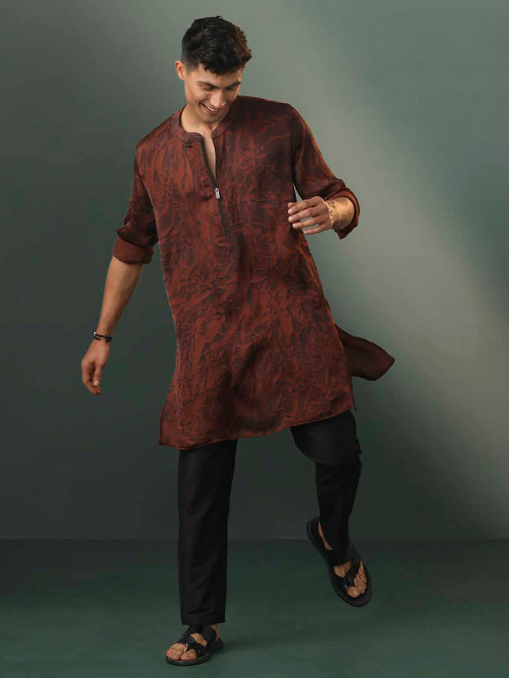 VASTRAMAY Men's Brown And Black Printed Cotton Blend Kurta Pyjama Set