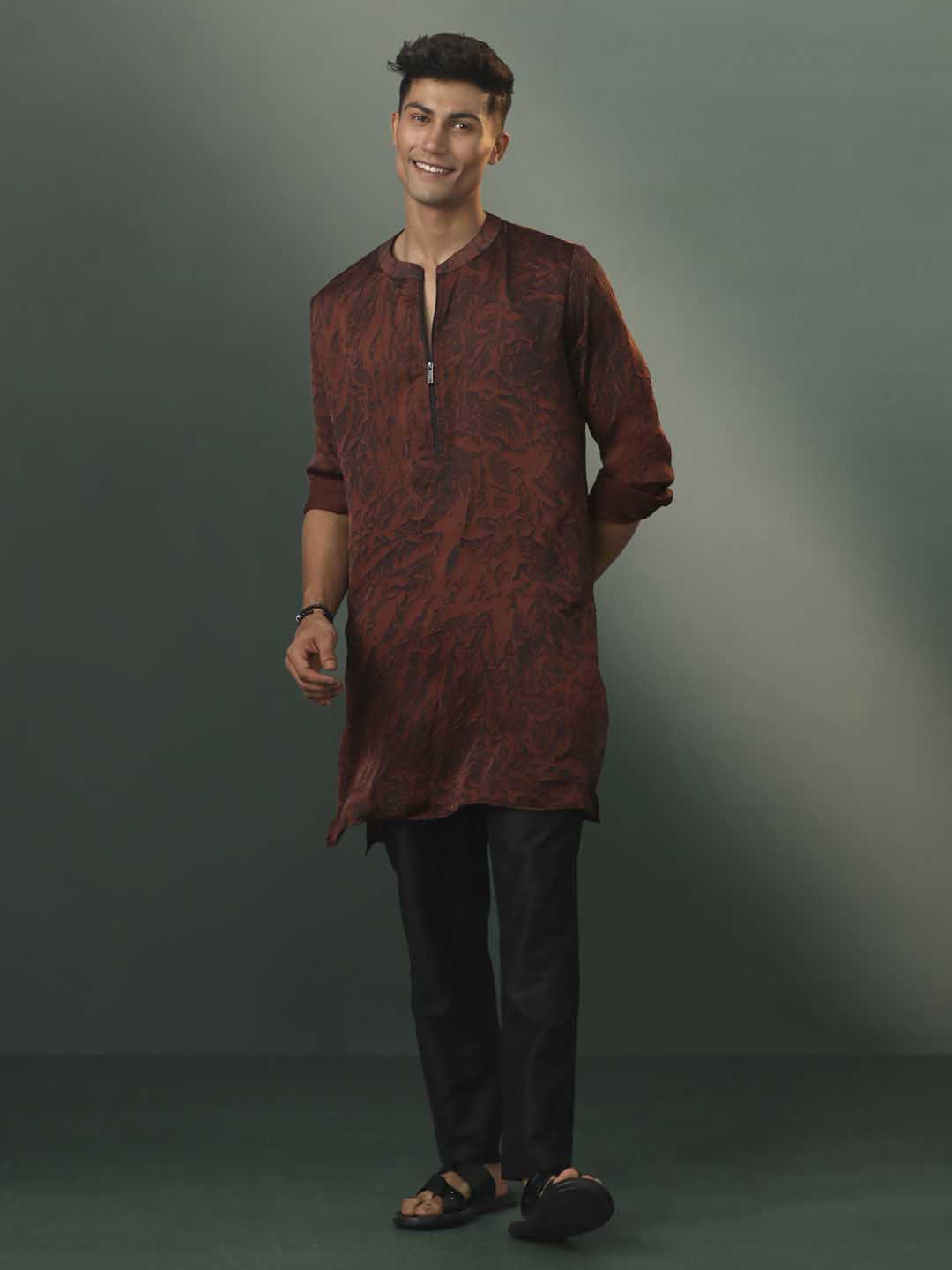 VASTRAMAY Men's Brown And Black Printed Cotton Blend Kurta Pyjama Set