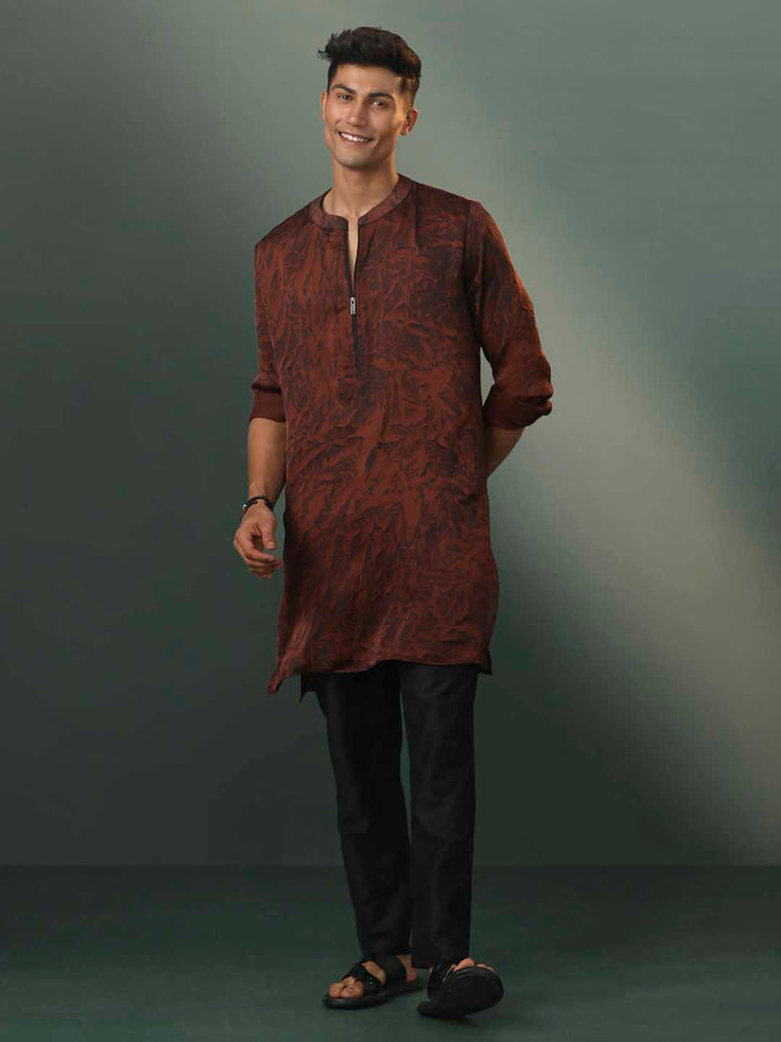 VASTRAMAY Men's Brown And Black Printed Cotton Blend Kurta Pyjama Set