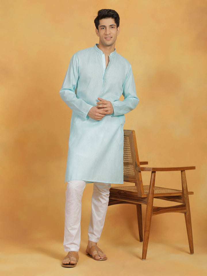 VASTRAMAY Men's Mint Green And White Cotton Kurta Pyjama Set