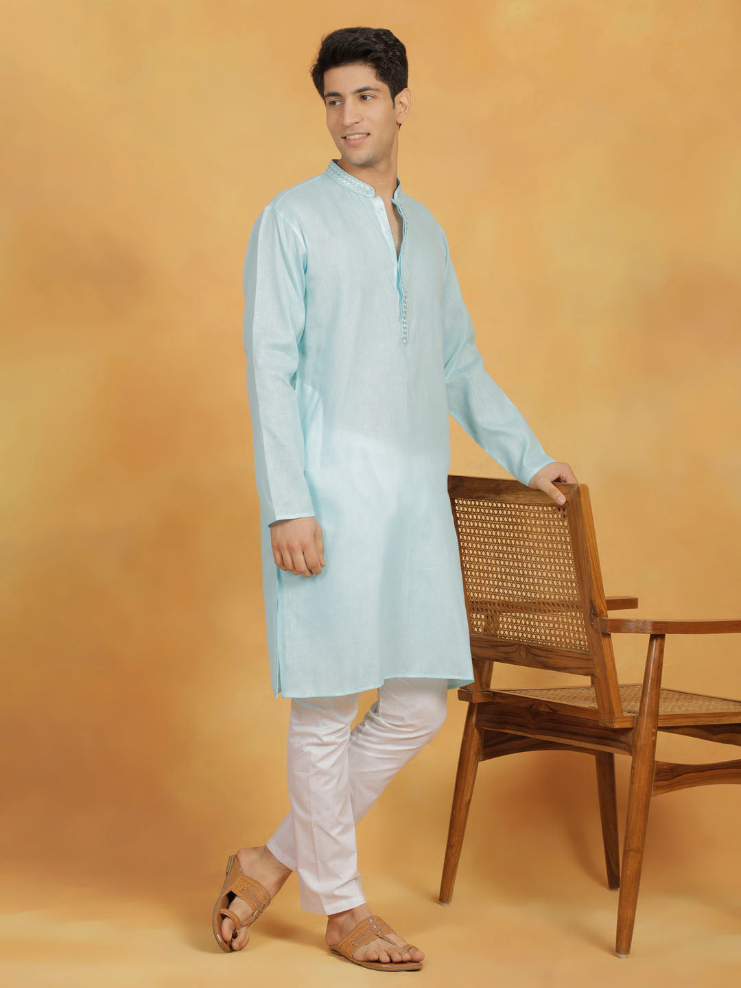 VASTRAMAY Men's Mint Green And White Cotton Kurta Pyjama Set