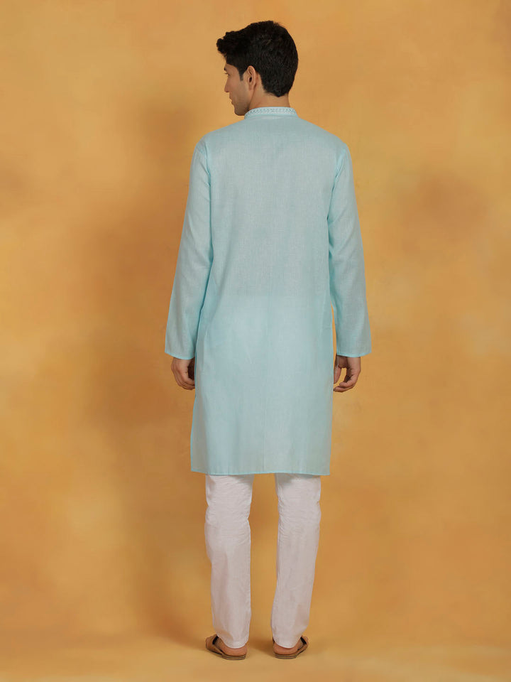 VASTRAMAY Men's Aqua And White Cotton Kurta Pyjama Set