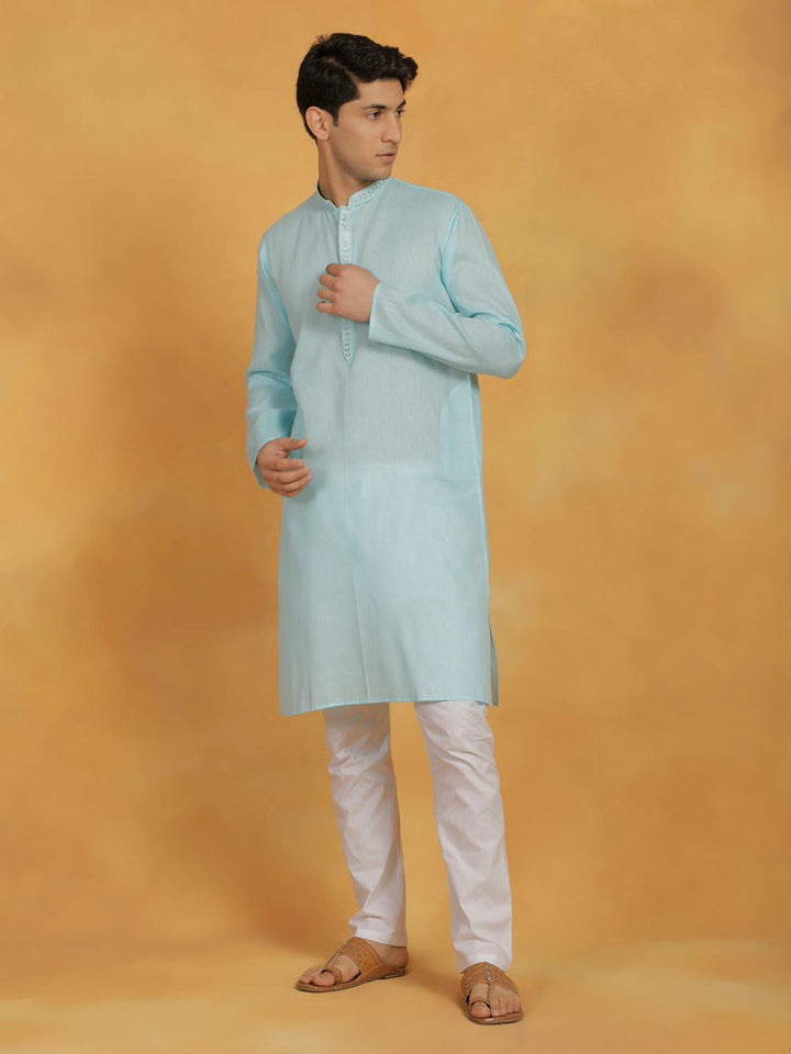 VASTRAMAY Men's Aqua And White Cotton Kurta Pyjama Set