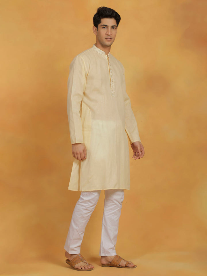 VASTRAMAY Men's Cream And White Cotton Kurta Pyjama Set