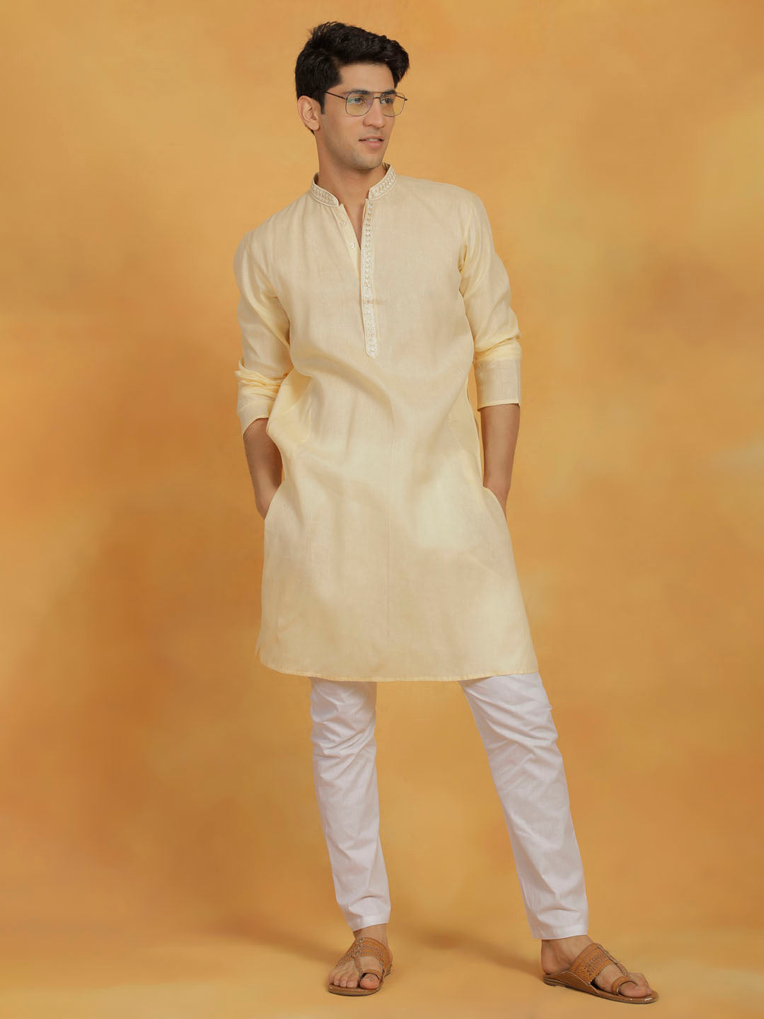 VASTRAMAY Men's Cream And White Cotton Kurta Pyjama Set