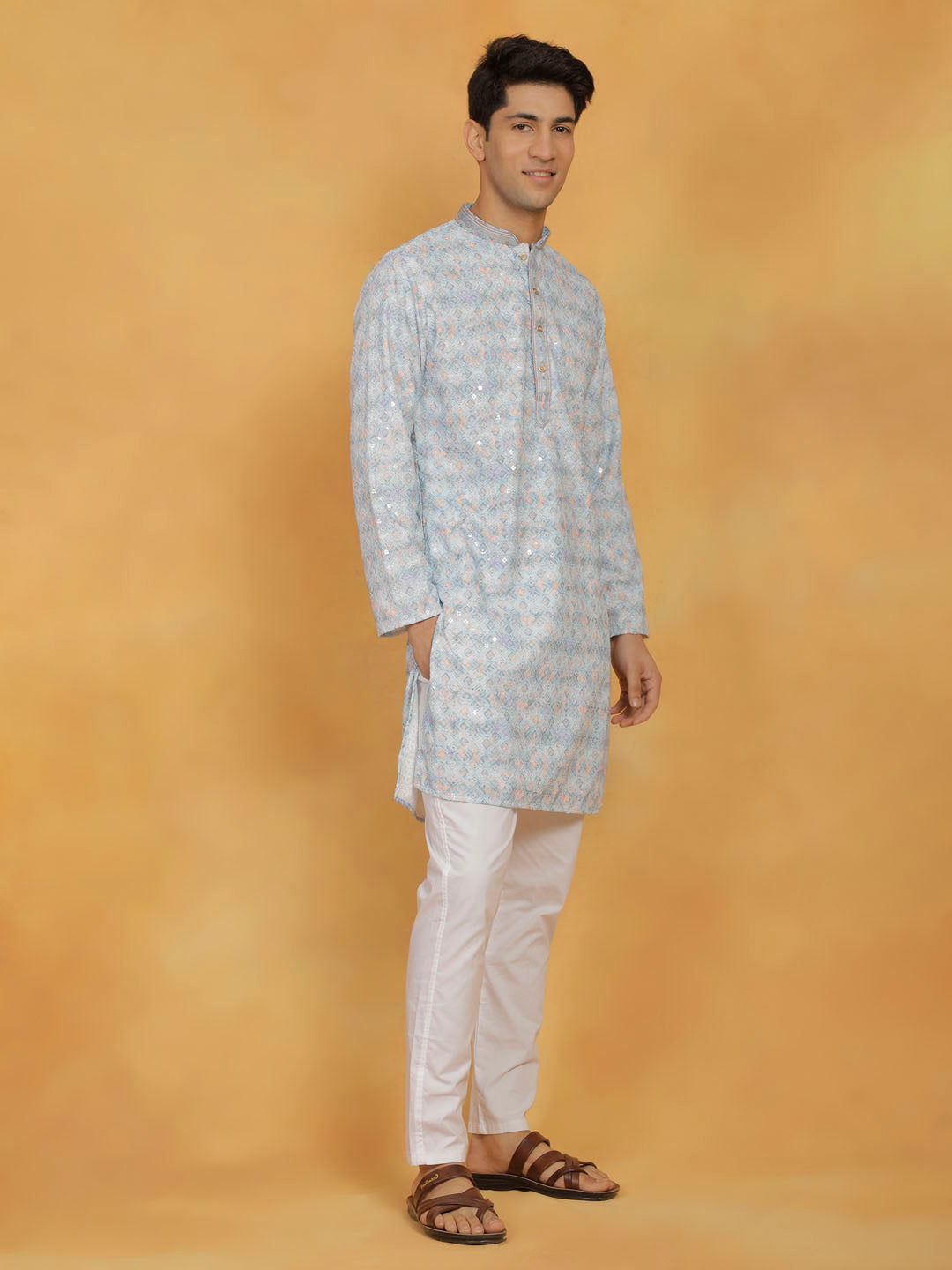 Men's Aqua And White Cotton Blend Kurta And Pyjama Set
