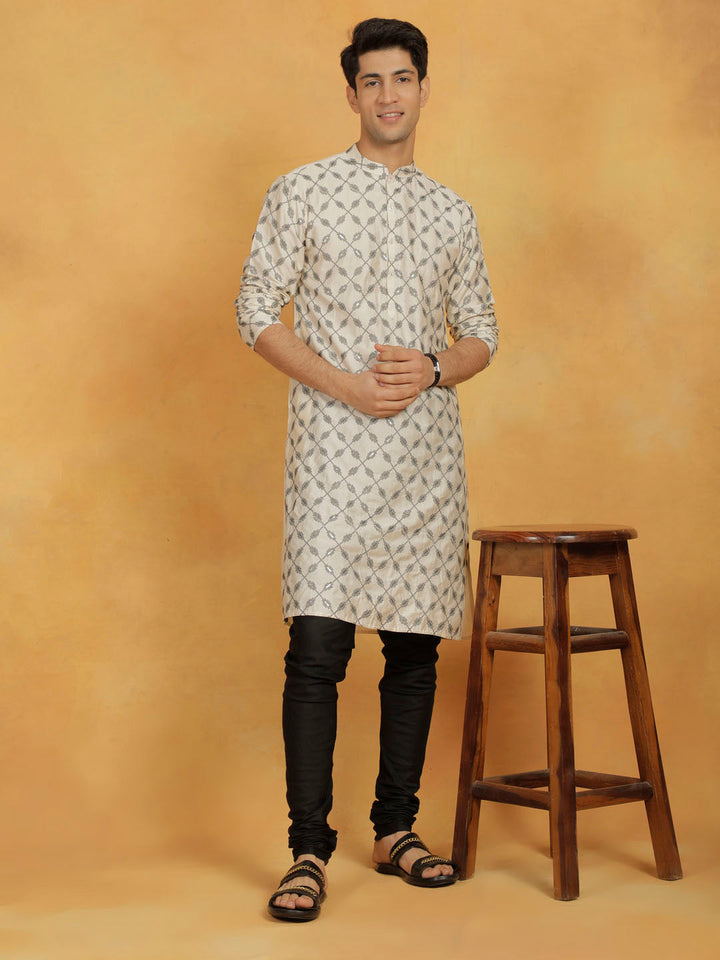 VASTRAMAY Men's Cream And Black Cotton Blend Kurta And Pyjama Set