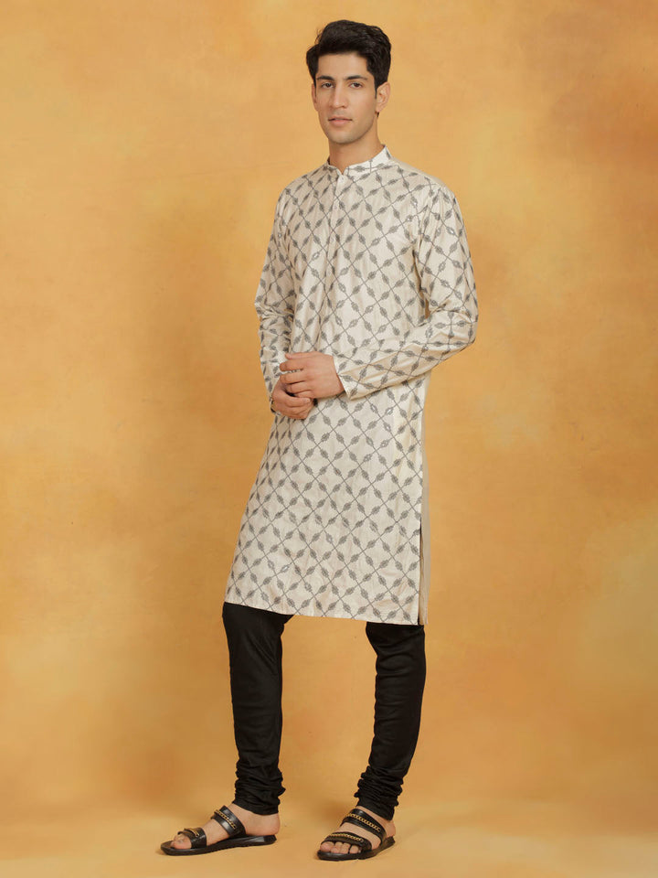 VASTRAMAY Men's Cream And Black Cotton Blend Kurta And Pyjama Set