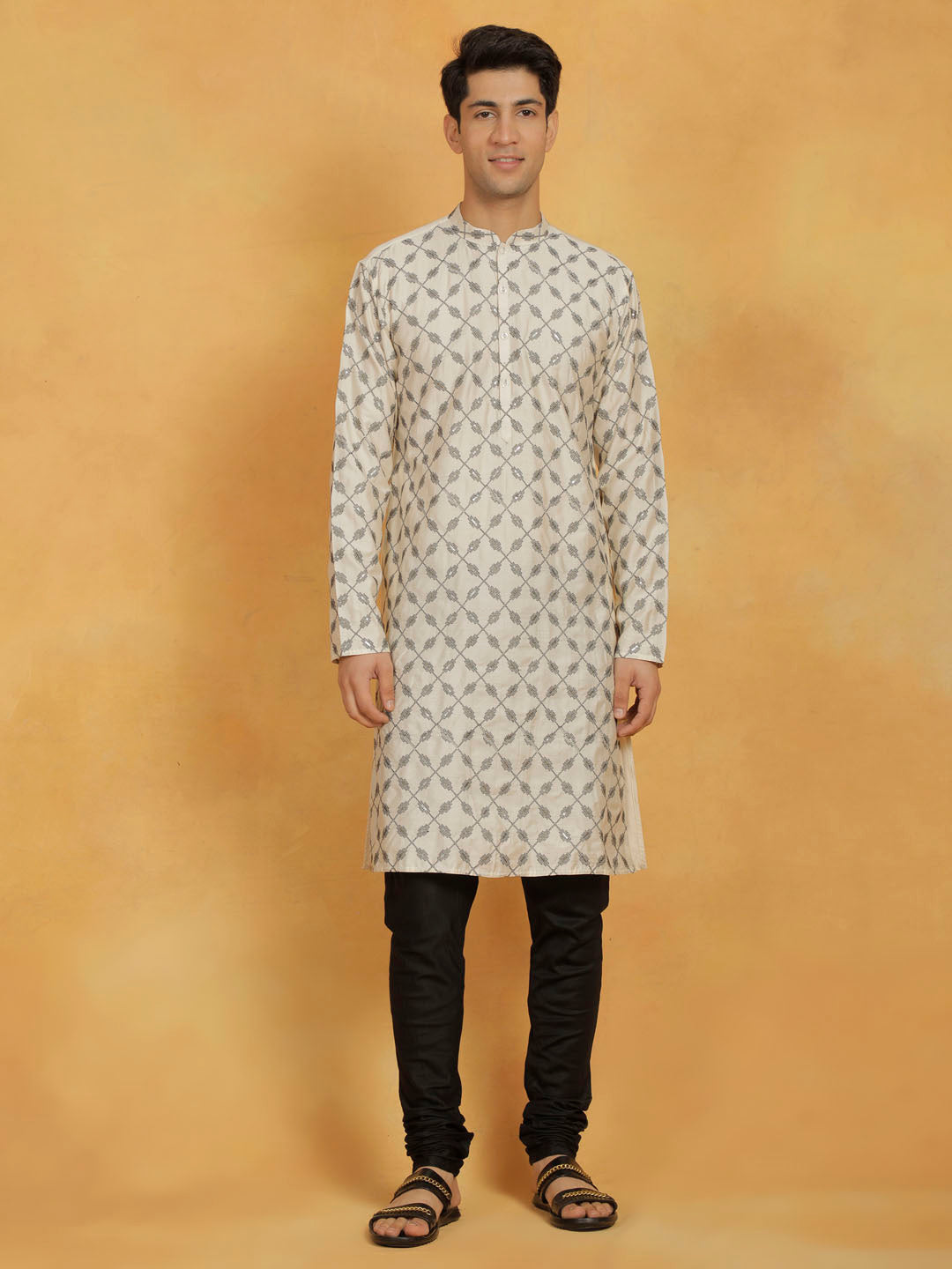 VASTRAMAY Men's Cream And Black Cotton Blend Kurta And Pyjama Set