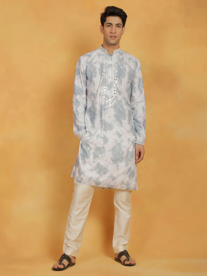 VASTRAMAY Men's Gray And Cream Cotton Blend Kurta And Pyjama Set