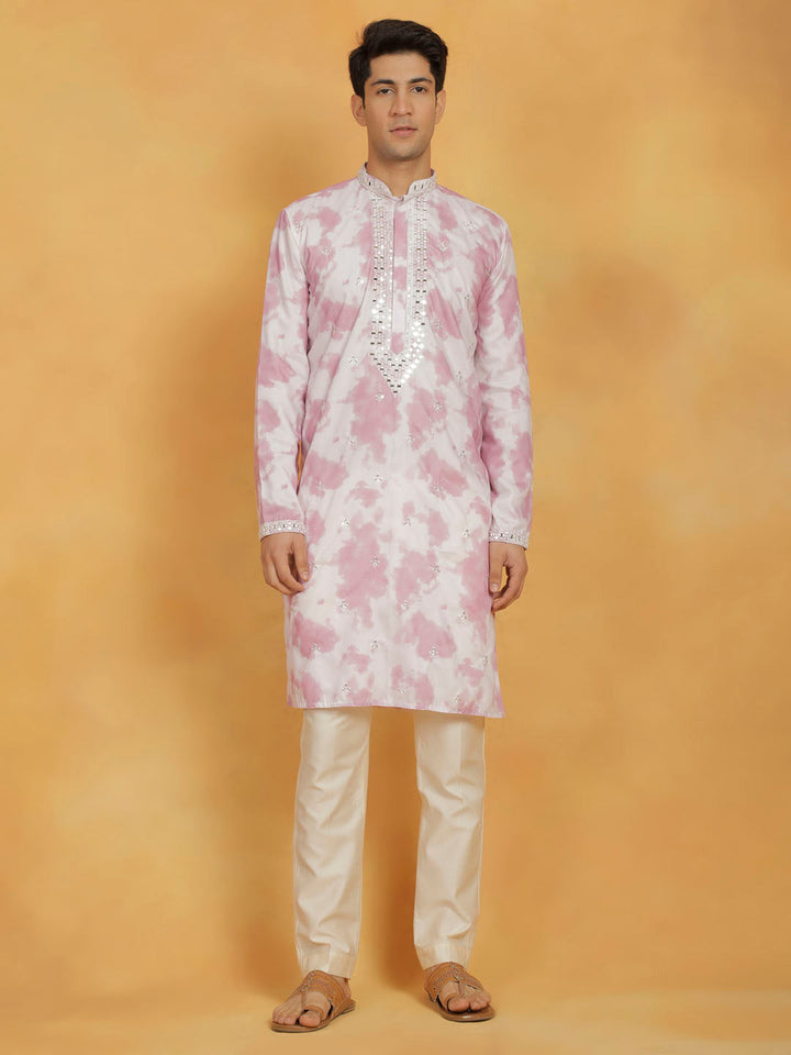 VASTRAMAY Men's Pink And Cream Cotton Blend Kurta And Pyjama Set