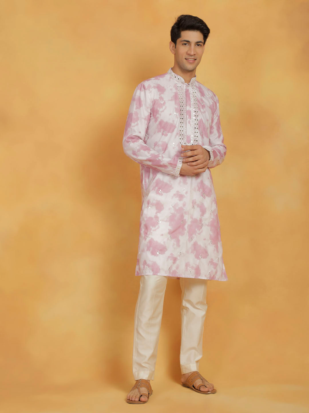 VASTRAMAY Men's Pink And Cream Cotton Blend Kurta And Pyjama Set