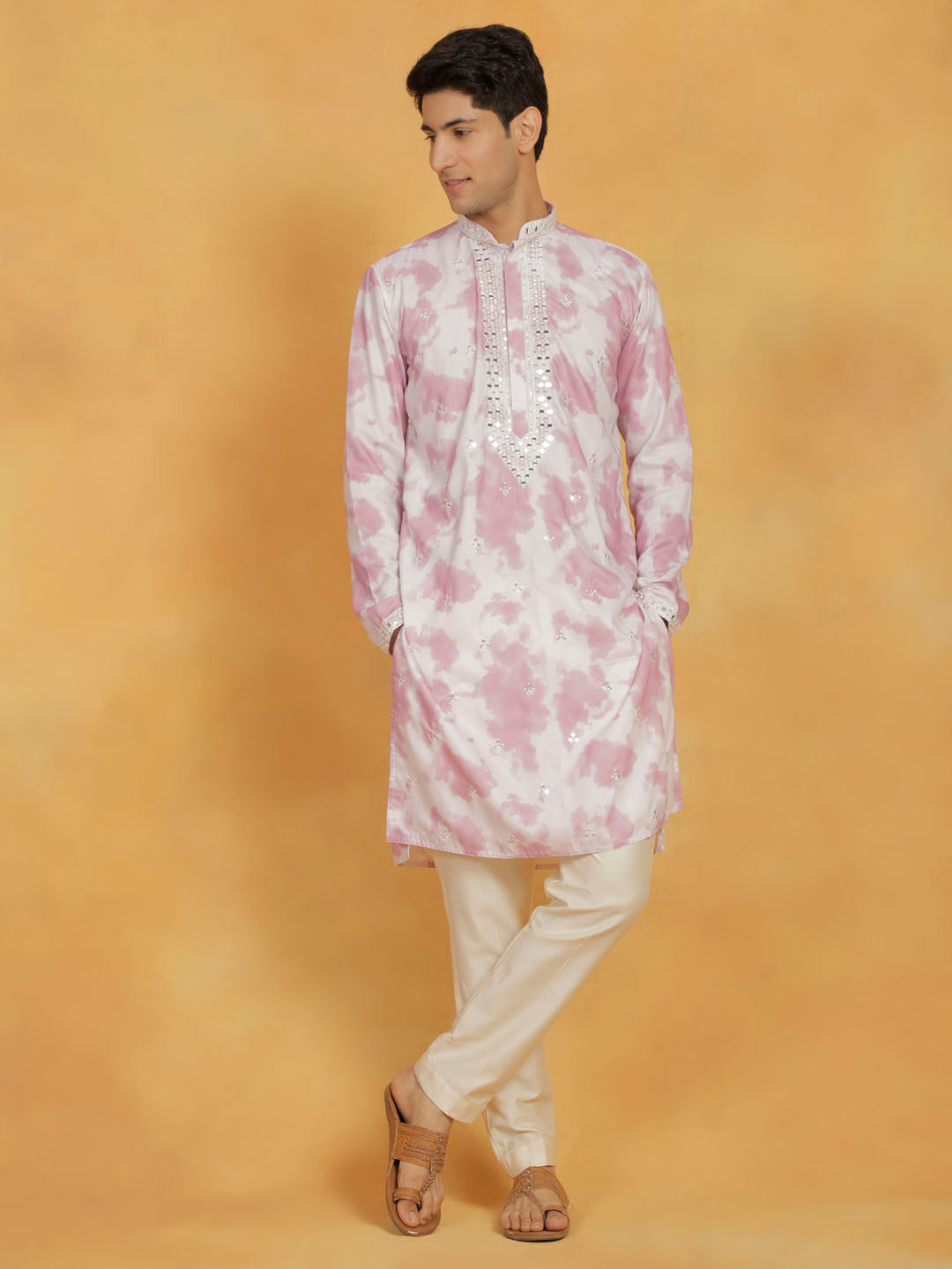 VASTRAMAY Men's Pink And Cream Cotton Blend Kurta And Pyjama Set